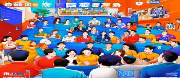 911吃瓜平台首屏大图，热闹的网络吃瓜现场，多人围观热议，充满娱乐氛围，蓝橙配色鲜明